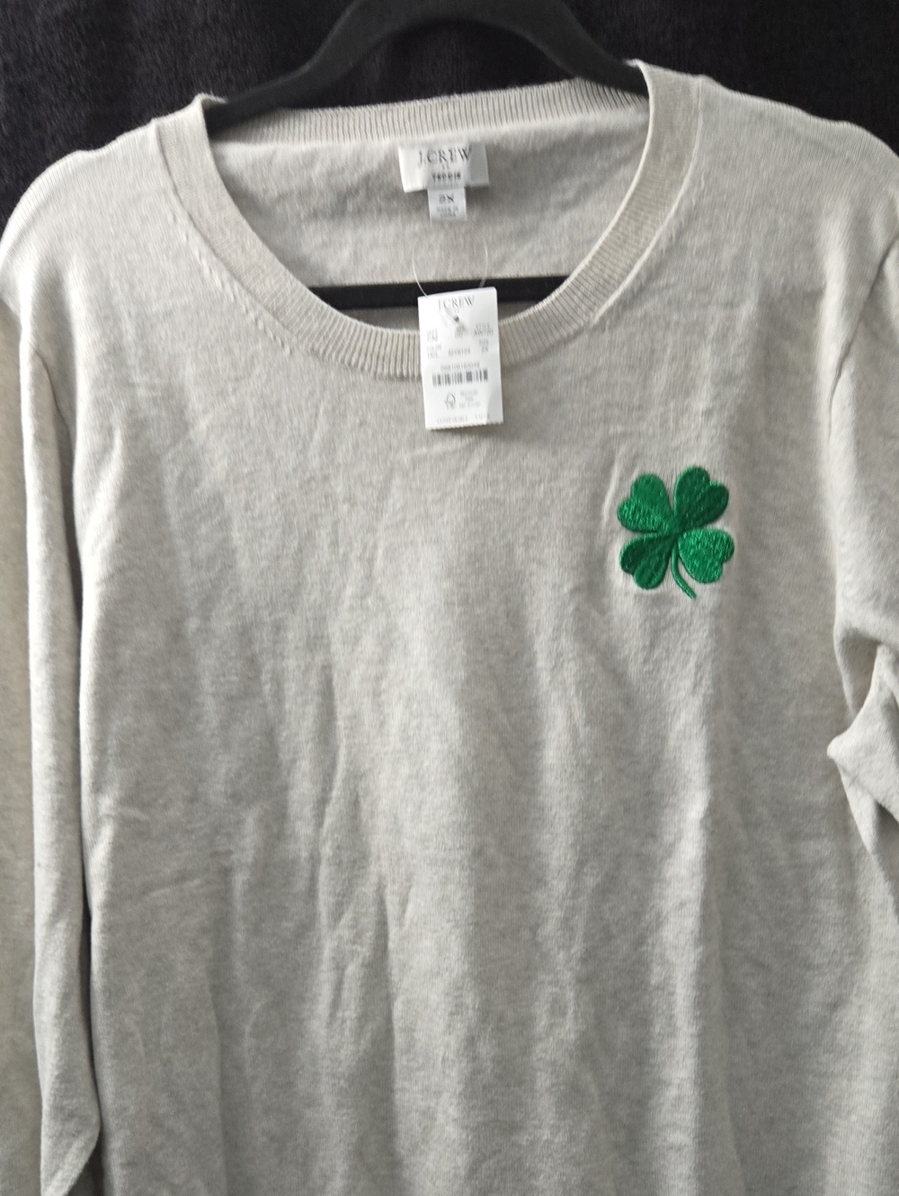J. Crew Light Gray Sweater with Green Clover Patch
